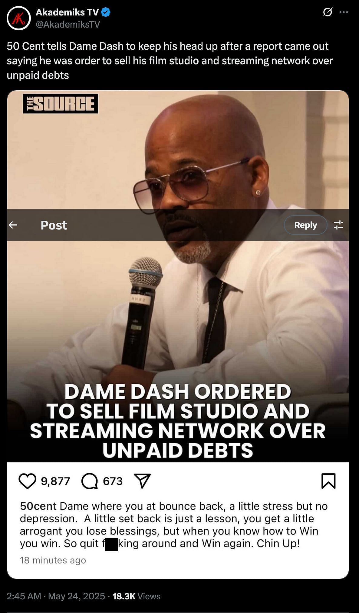 50 Cent shares a message for Dame Dash (Image via X/@AkademiksTV)